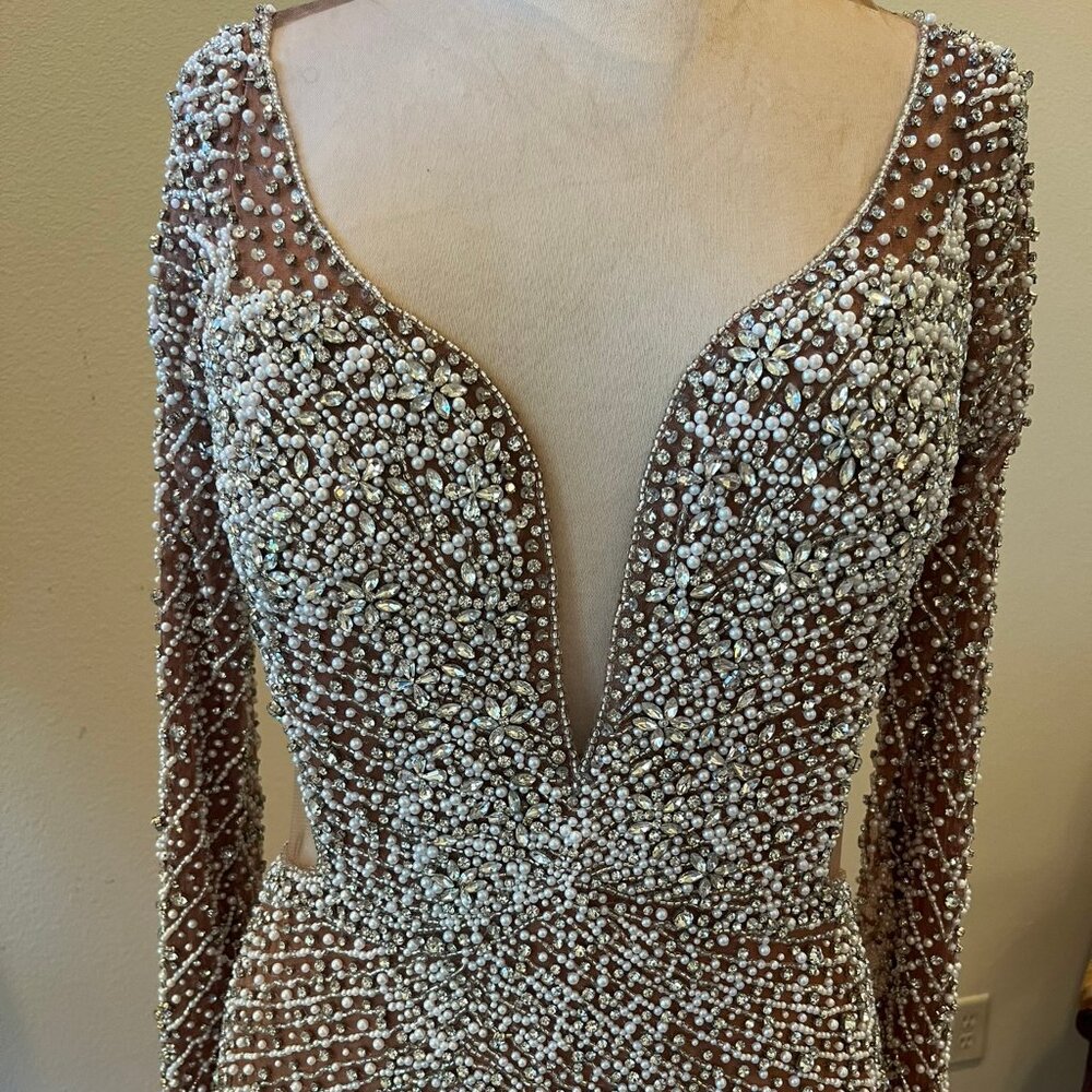 C2023-SWeeks - crystal beaded long sleeve evening gown for wedding or pageant